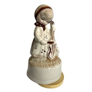 Vintage Rotating Woodland Cottage Girl Cello Music Box Figurine Works Ceramic